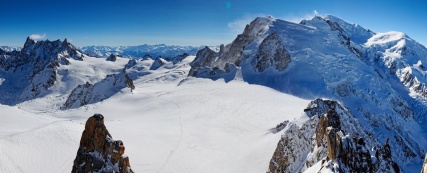 Mont Blanc (at the right, 4810m), panoramic view from Aiguille du Midi (3842m)